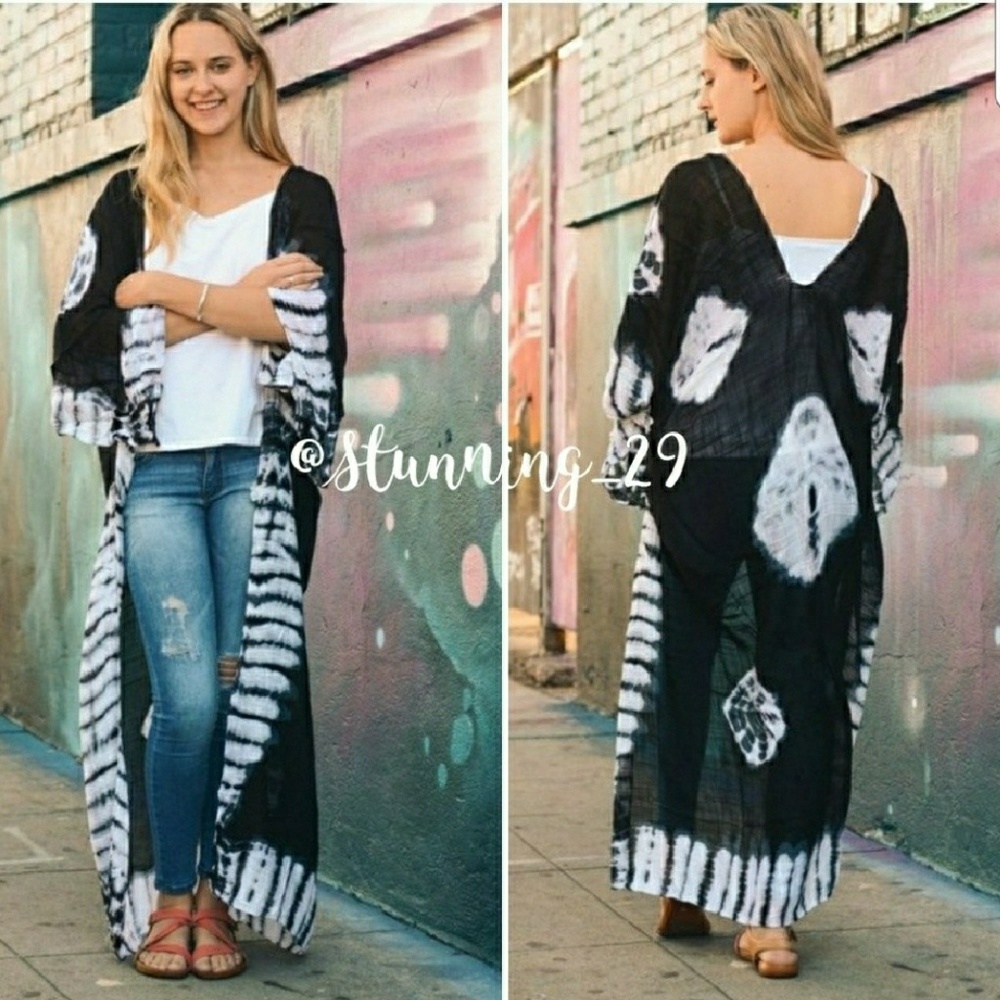 🆕BOHO BLACK TIE DYE OPEN FRONT LONG KIMONO DUSTER - Picture 2 of 8